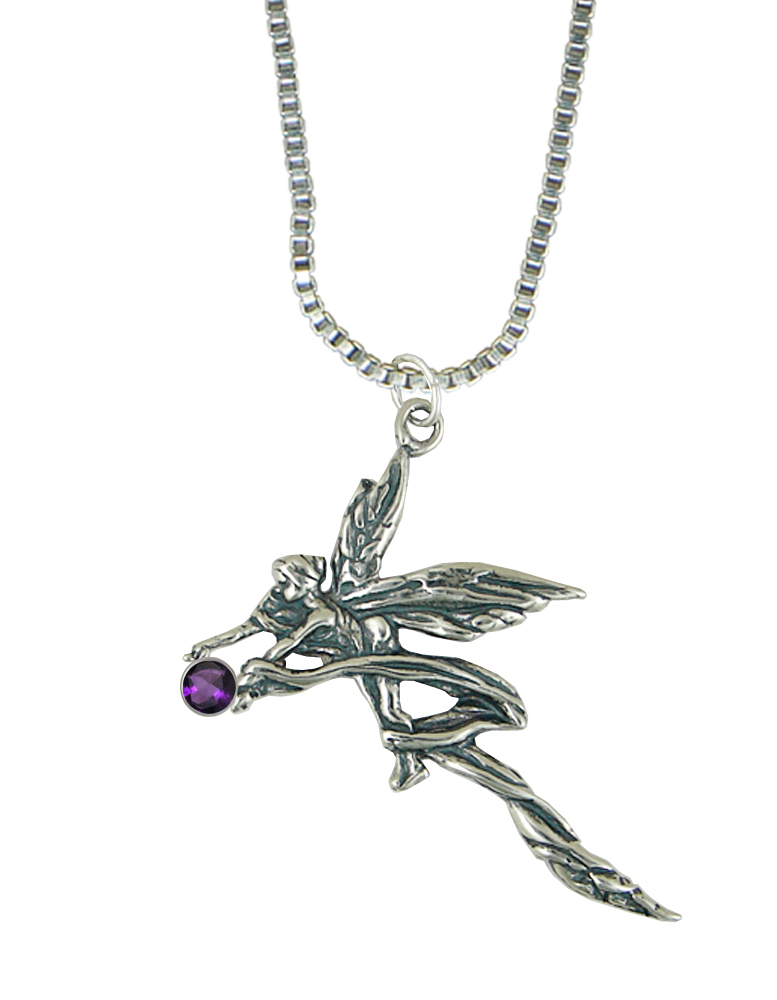 Sterling Silver Ribboned Fairy Pendant With Faceted Amethyst